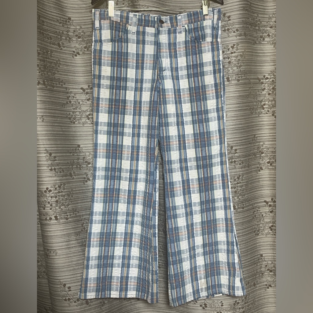 Levi's Vintage Seersucker Plaid Pants Jeans Blue With Red And Yellow